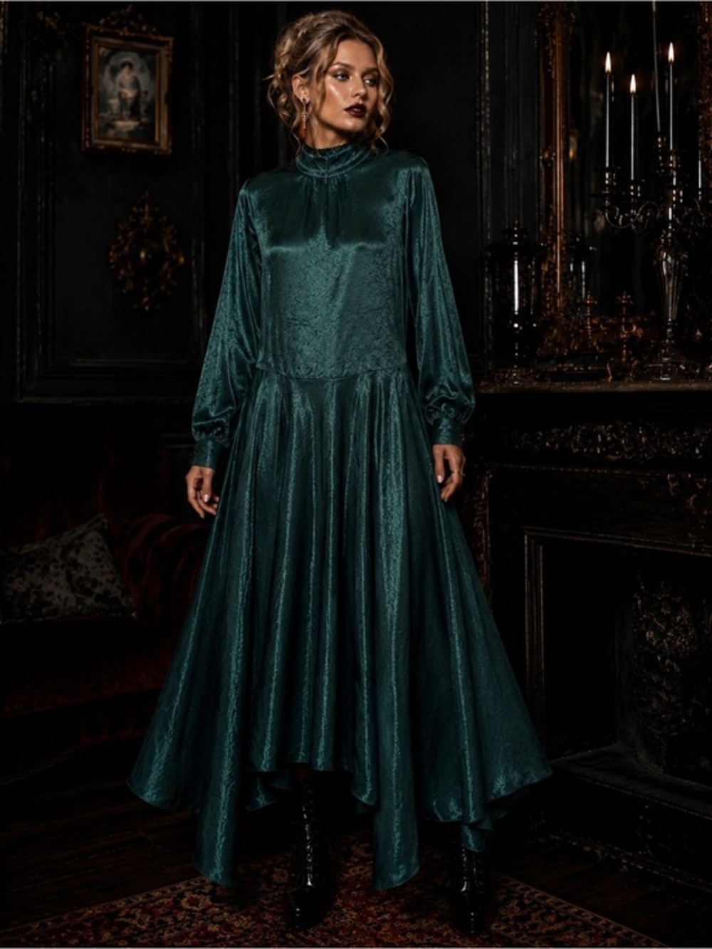 Everleigh Emerald Gothic Glam Satin M/L Dress Romantic Victorian Dark Academia